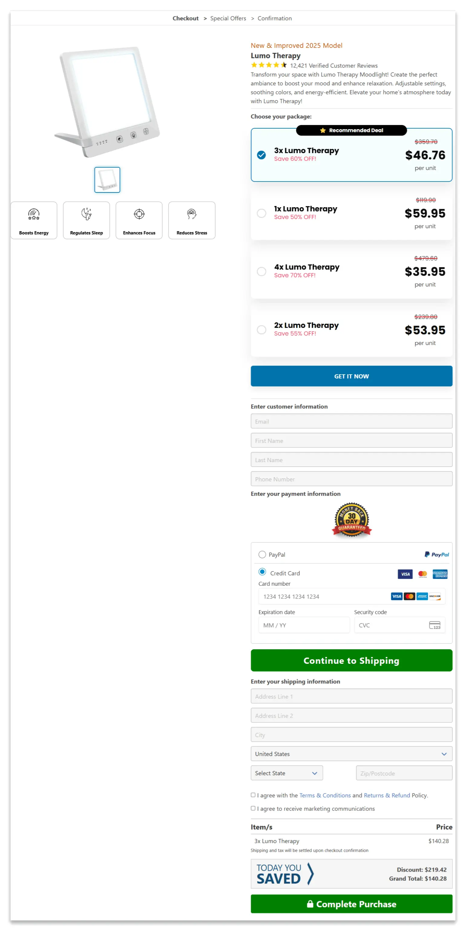 Lumo Therapy secure checkout page